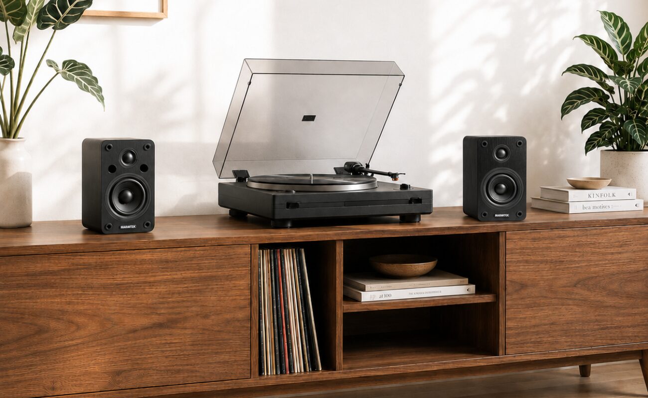 Paire d'enceintes actives Marmitek Soundex S300 noires, tweeter à dôme et woofer de 3 pouces, posées de part et d'autre d'une platine vinyle sur un meuble en bois clair