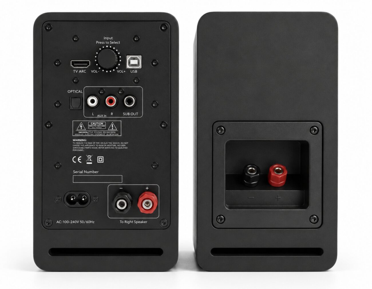 Face arrière des enceintes Marmitek Soundex S300 : prise HDMI TV ARC, bouton de volume et de sélection d'entrée, port USB-B, entrée optique, entrées RCA AUX, sortie SUB OUT et bornier vers l'enceinte droite