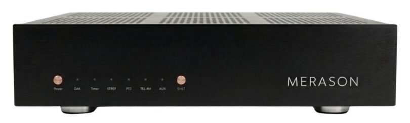 Convertisseur Merason DAC 2 noir vu de face, voyants et boutons dorés en façade, capot ajouré, logo Merason à droite