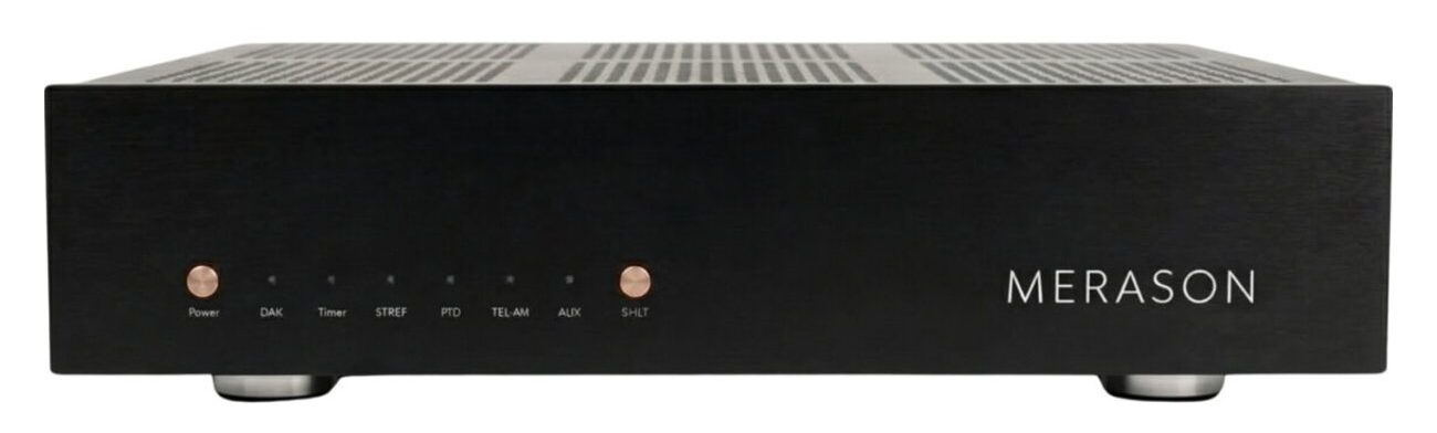 Convertisseur Merason DAC 2 noir vu de face, voyants et boutons dorés en façade, capot ajouré, logo Merason à droite