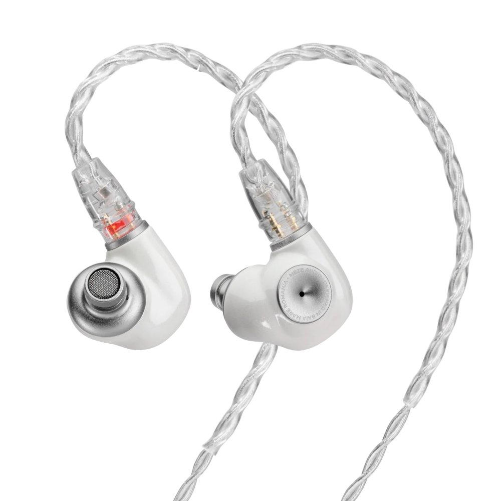Paire d'intras Meze Audio ALBA S blanc nacré avec câble tressé en cuivre argenté, connecteurs 2 broches 0,78 mm et contour d'oreille préformé
