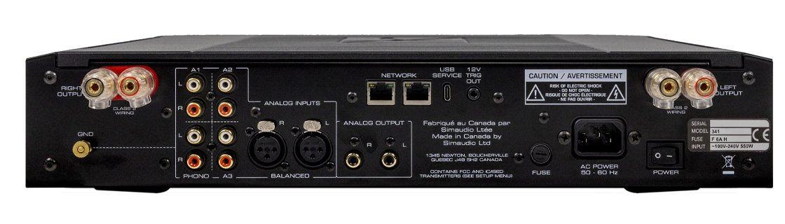 Face arrière du MOON 341 avec borniers d'enceintes, entrée phono et deux entrées RCA, entrée symétrique XLR, sortie analogique, deux ports réseau, prise de déclenchement 12 V et embase secteur