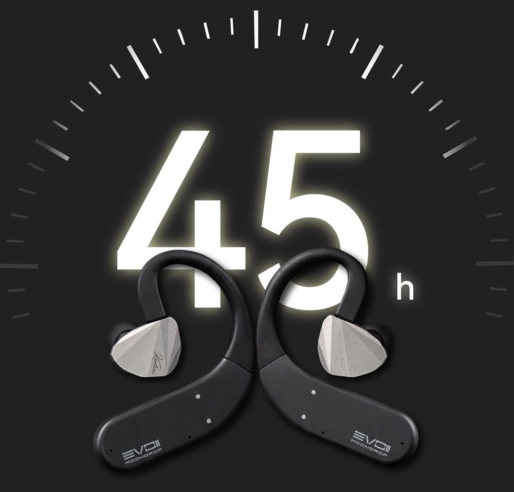 Visuel officiel du Moondrop EVO 2 : les deux crochets Bluetooth montés sur des écouteurs argentés devant un cadran gradué affichant 45 h, soit l'autonomie ajoutée par l'étui de charge aux 15 heures des crochets