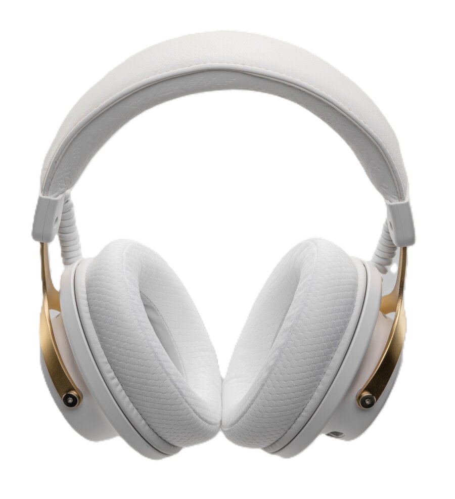 Moondrop GM-01 Pro en version blanche vu de face, perche micro retirée, avec arceau rembourré, fourches dorées et coussinets en tissu respirant