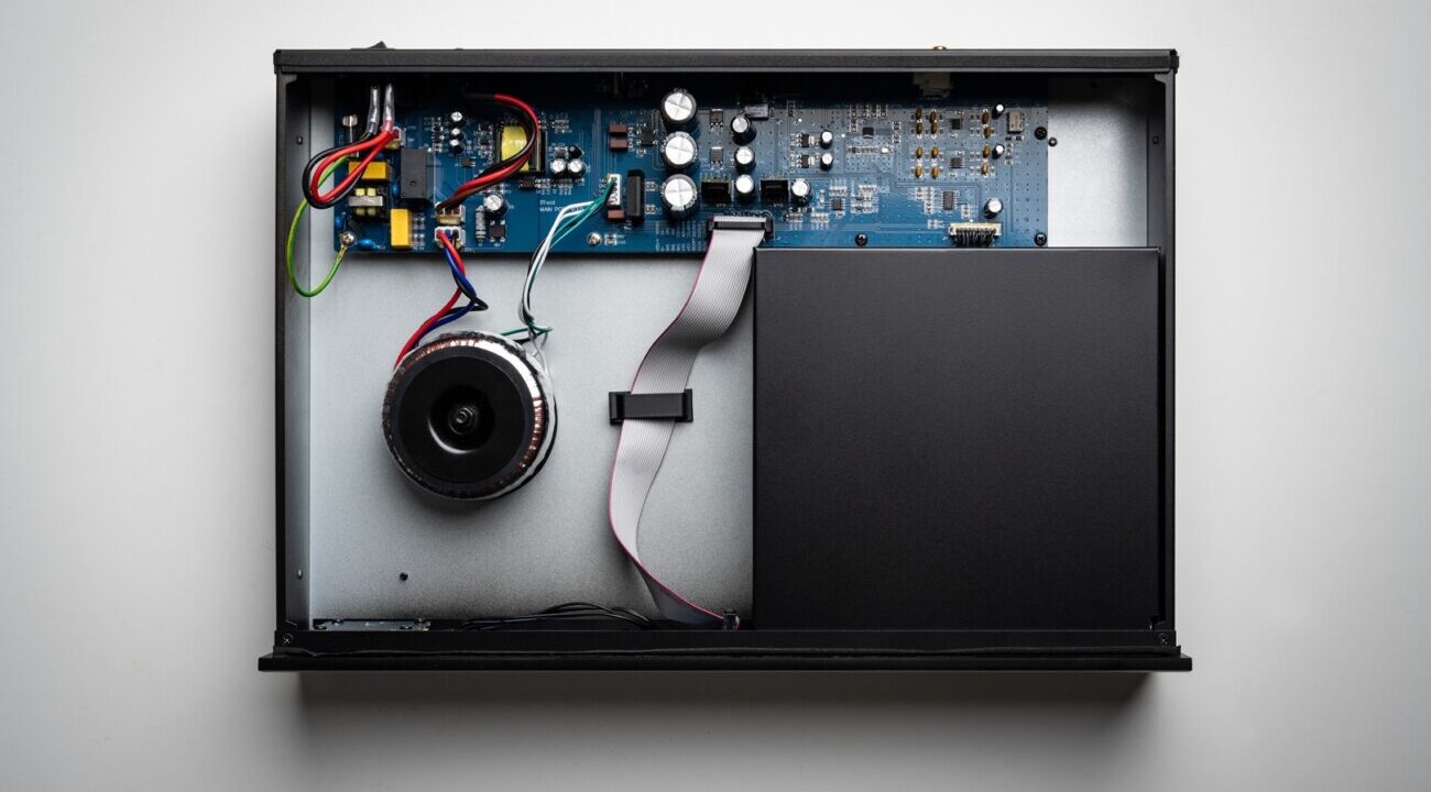Vue de dessus du Musical Fidelity B1xcd capot ouvert : transformateur torique, carte principale et mécanique CD sous son capot noir