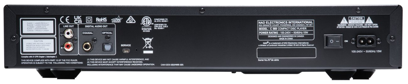Face arrière du lecteur CD NAD C 569 avec sortie analogique RCA, sorties numériques coaxiale et optique, port USB de service et embase secteur