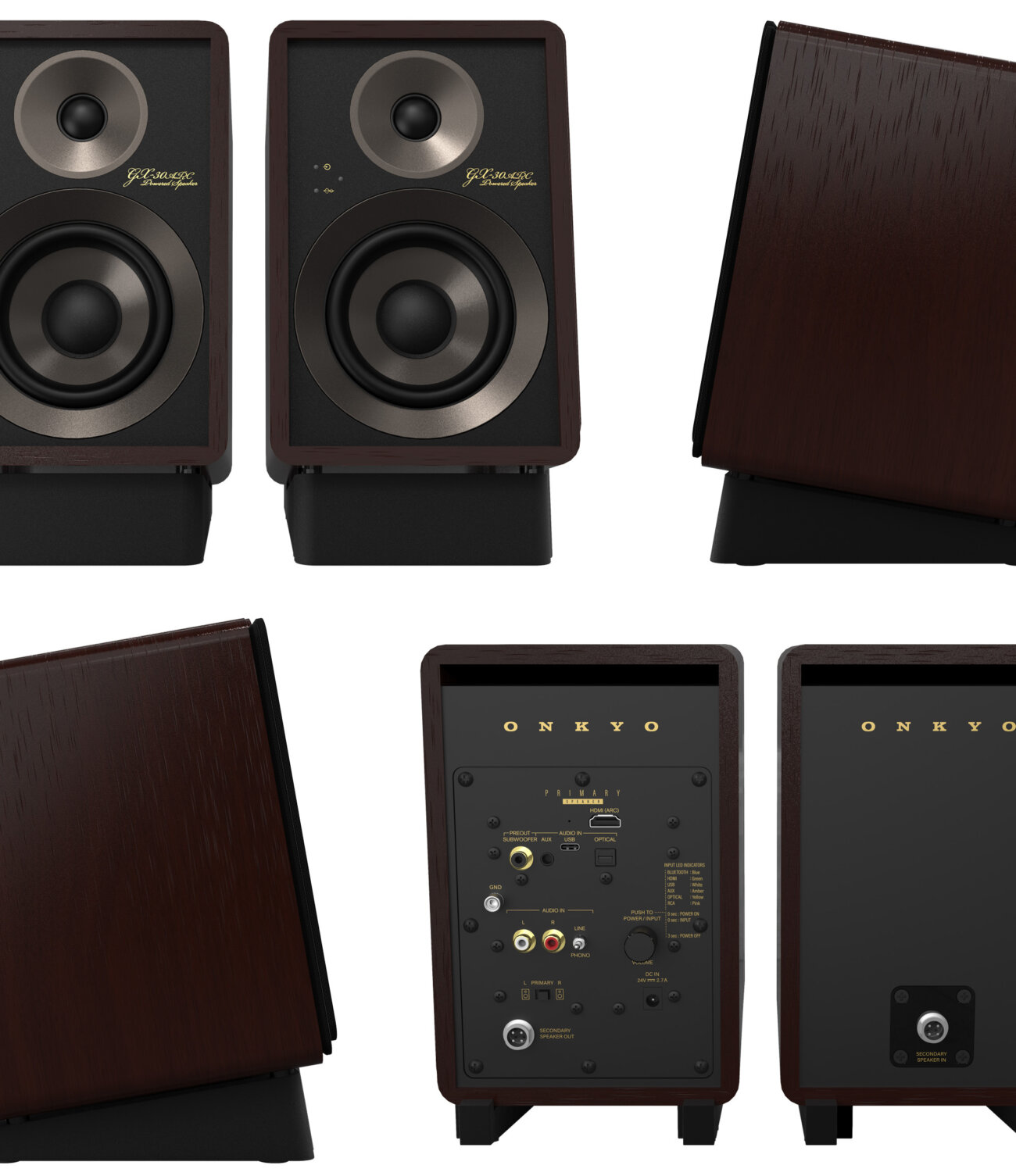 Vues officielles de l'Onkyo GX-30ARC édition 80 ans : façades noires avec tweeter et woofer cerclés de gris, flancs en noyer Bordeaux, pieds inclinés et faces arrière avec la connectique de l'enceinte principale