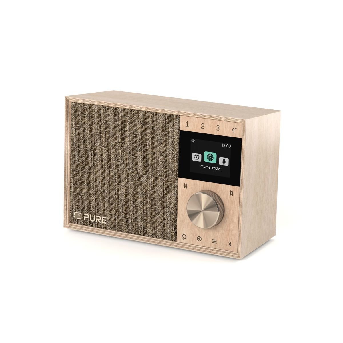 Radio Pure Evoke One finition bouleau sur fond blanc, grille en tissu beige, écran couleur, quatre touches de présélection, molette métallique et touches de navigation