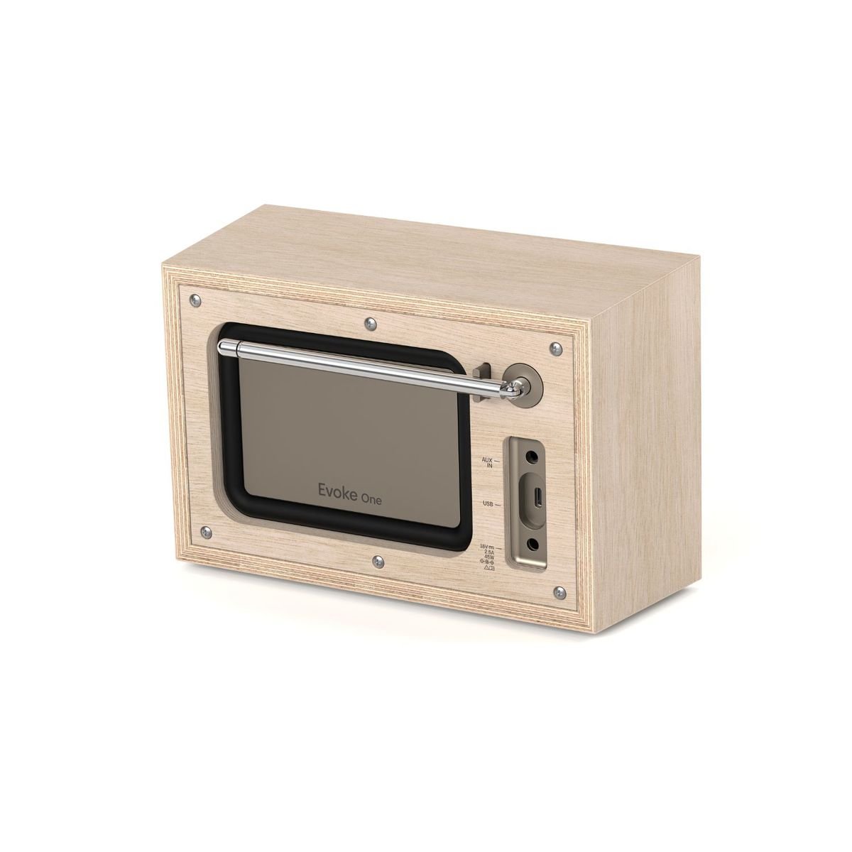 Face arrière de la radio Pure Evoke One en bois clair : antenne télescopique repliée, entrée auxiliaire, port USB-C et prise d'alimentation