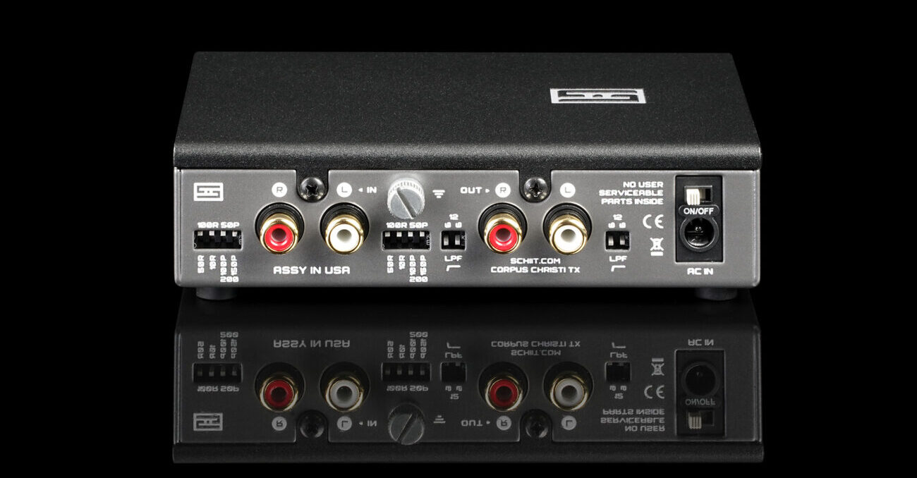 Face arrière du Schiit Mani 3 : entrée et sortie RCA, borne de masse, blocs de commutateurs de charge et de filtre, interrupteur et prise d’alimentation