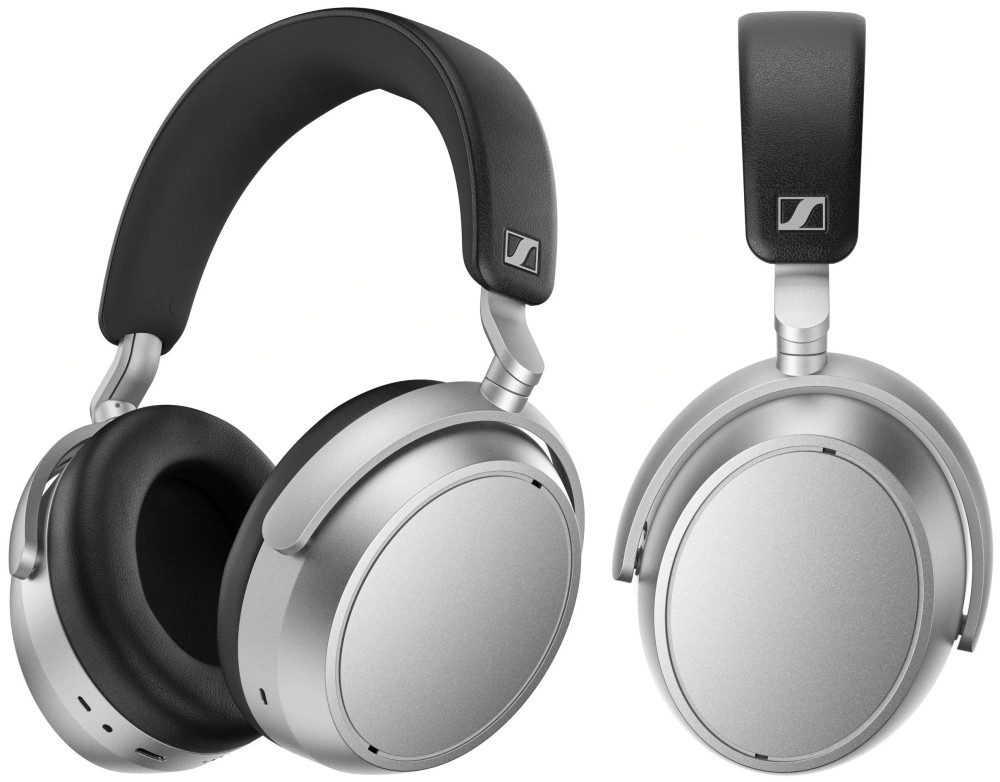 Sennheiser HDB 630 Lunar Silver en deux vues : casque de trois quarts avec coques argentées mates, étriers métal, arceau noir logoté et port USB-C sous l'écouteur gauche, puis écouteur seul pivoté à plat de profil