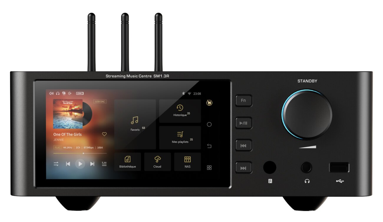 Face avant du Shanling SM1.3R HD en finition noire : écran tactile 2K de 5,98 pouces avec interface de lecture, touches Fn et transport, bouton de volume rétroéclairé, prise casque 6,35 mm et port USB