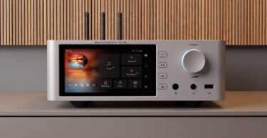 Shanling SM1.3R HD en finition argent posé sur un meuble, avec son écran tactile 2K de 5,98 pouces, ses trois antennes Wi-Fi et Bluetooth, son bouton de volume rétroéclairé et ses sorties casque en façade