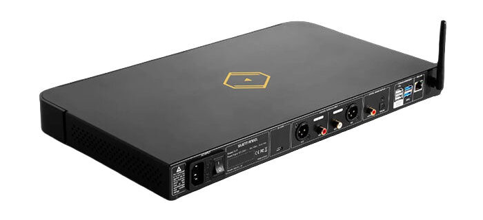 Face arrière du Silent Angel Bremen SL1P avec sorties analogiques XLR et RCA, ports USB, port Ethernet et embase secteur