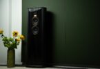 Nouvelle enceinte colonne Steinway & Sons Model O noire laquée avec deux haut-parleurs médium-grave cerclés d'or et tweeter AMT, placée près d'un mur vert