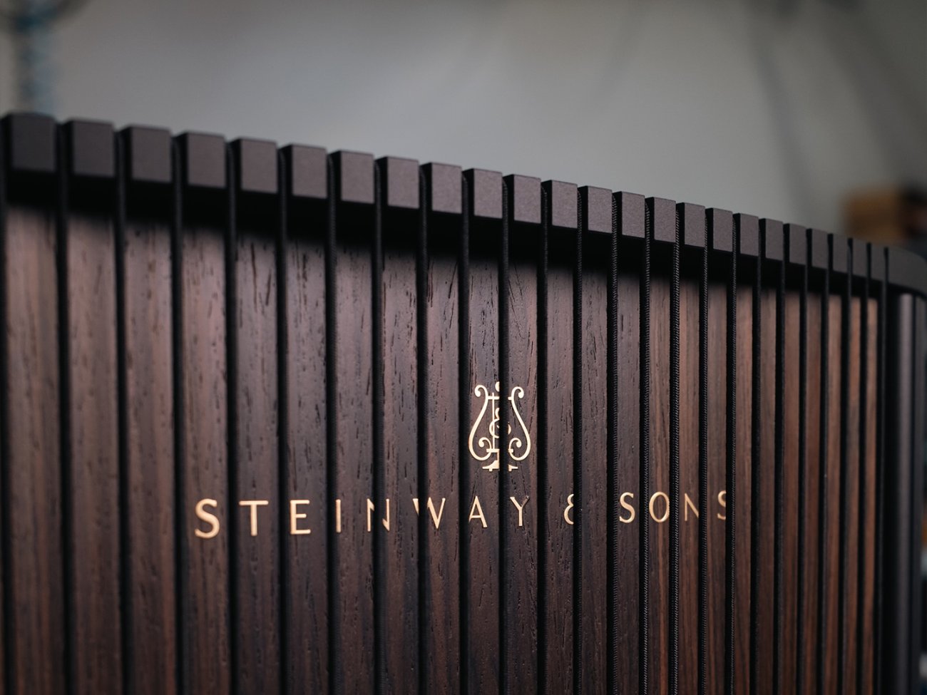 Gros plan sur la façade d'une Steinway & Sons Model O en placage bois foncé avec ses cordes noires alignées à la main et le logo Steinway & Sons doré