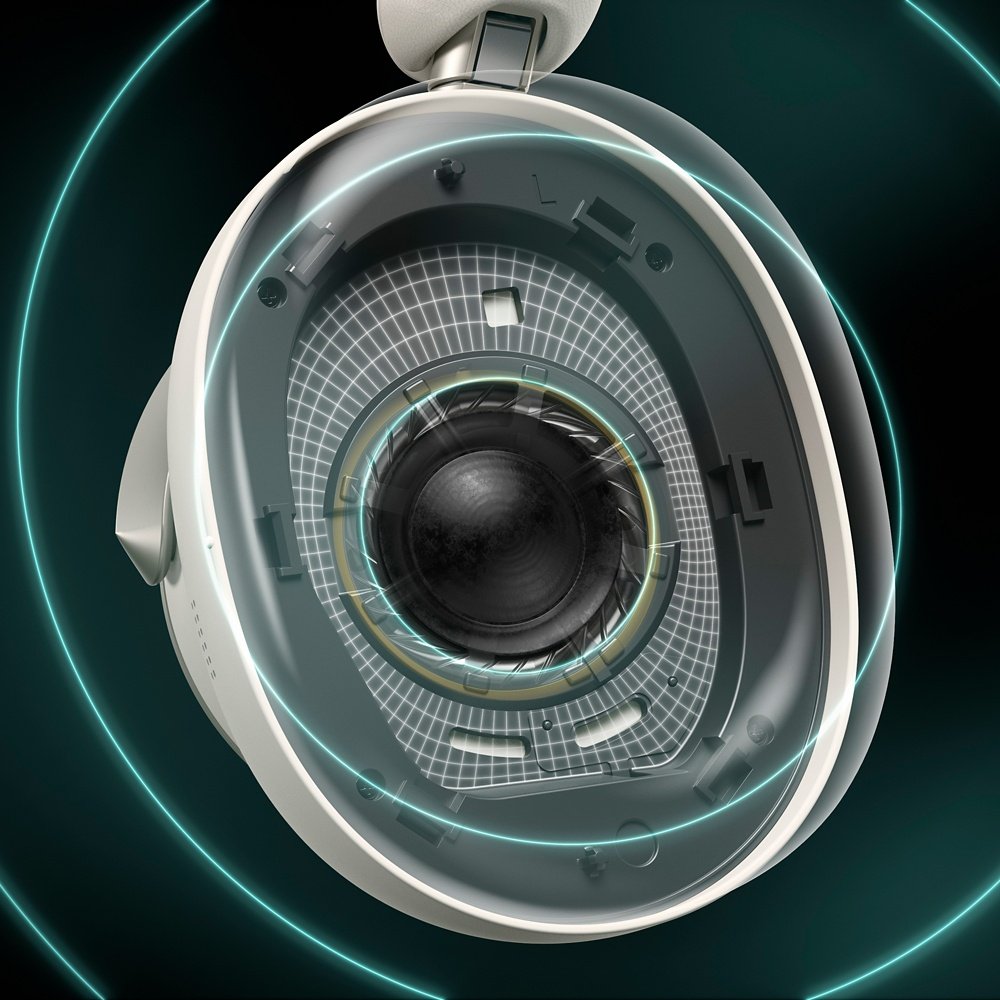 Intérieur de l'écouteur du Technics EAH-A1000 vu en transparence : haut-parleur de 40 mm monté sur un baffle plat qui limite les réflexions acoustiques