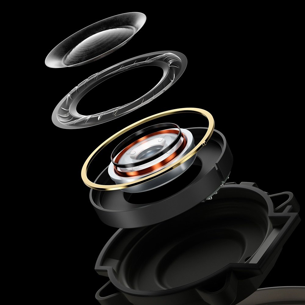 Vue éclatée du haut-parleur dynamique de 40 mm du Technics EAH-A1000 : membrane conique en fibre de carbone, suspension SST, bobine mobile et moteur