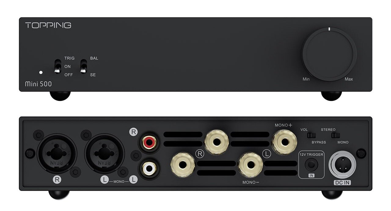 Façade et face arrière du Topping Mini 500 : sélecteurs TRIG ON OFF et BAL SE, volume, entrées combo XLR TRS, RCA, bornes haut-parleur, sélecteurs VOL BYPASS et STEREO MONO, trigger 12 V et entrée DC