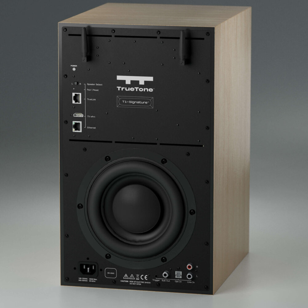 Face arrière de l'enceinte active True Tone T1 Signature : deux antennes, sélecteur gauche droite, port TrueLink, prise TV eARC au format HDMI, Ethernet, boomer arrière, prise secteur et entrées analogiques et optique