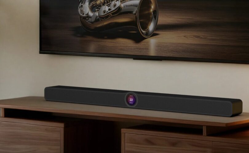 Barre de son WiiM Bar noire posée sur un meuble TV en noyer sous un téléviseur, avec son écran tactile rond de 2,1 pouces au centre de la façade, dans un salon chaleureux