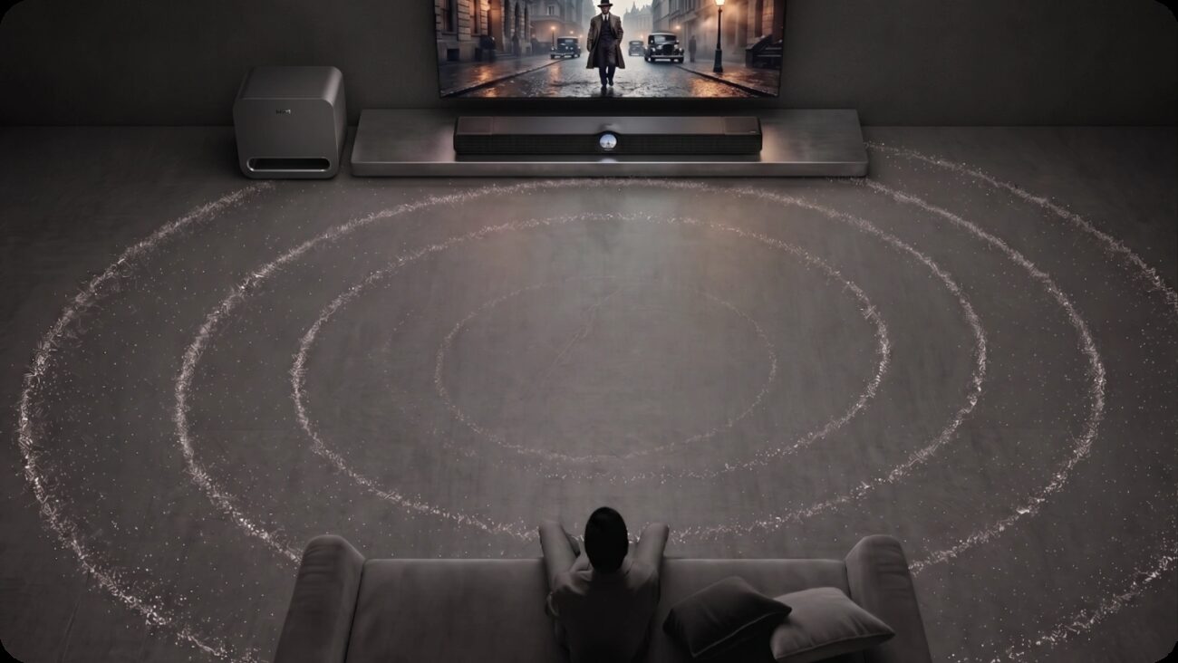 Visuel officiel WiiM de la correction acoustique AI RoomFit : ondes concentriques au sol entre la WiiM Bar, son caisson et l'auditeur assis dans un salon sombre