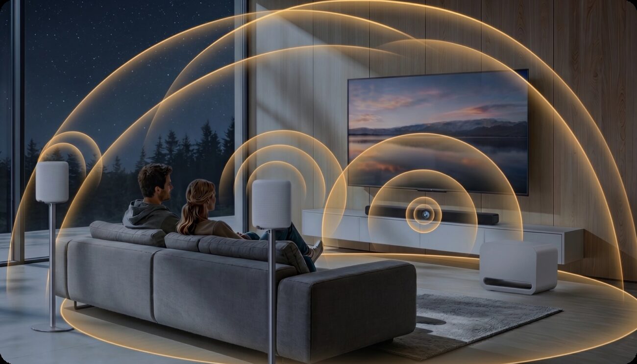 Visuel officiel WiiM d'une installation 5.1.2 autour de la WiiM Bar : enceintes arrière sur pied, caisson de basses et barre de son sous le téléviseur, avec les ondes sonores dessinées autour du canapé