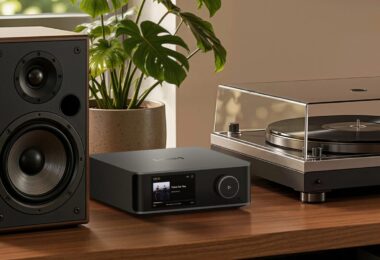 Streamer WiiM Ultra actuel à écran tactile posé entre une enceinte bibliothèque et une platine vinyle