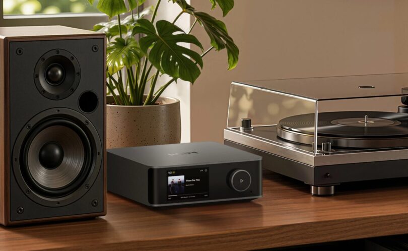 Streamer WiiM Ultra actuel à écran tactile posé entre une enceinte bibliothèque et une platine vinyle
