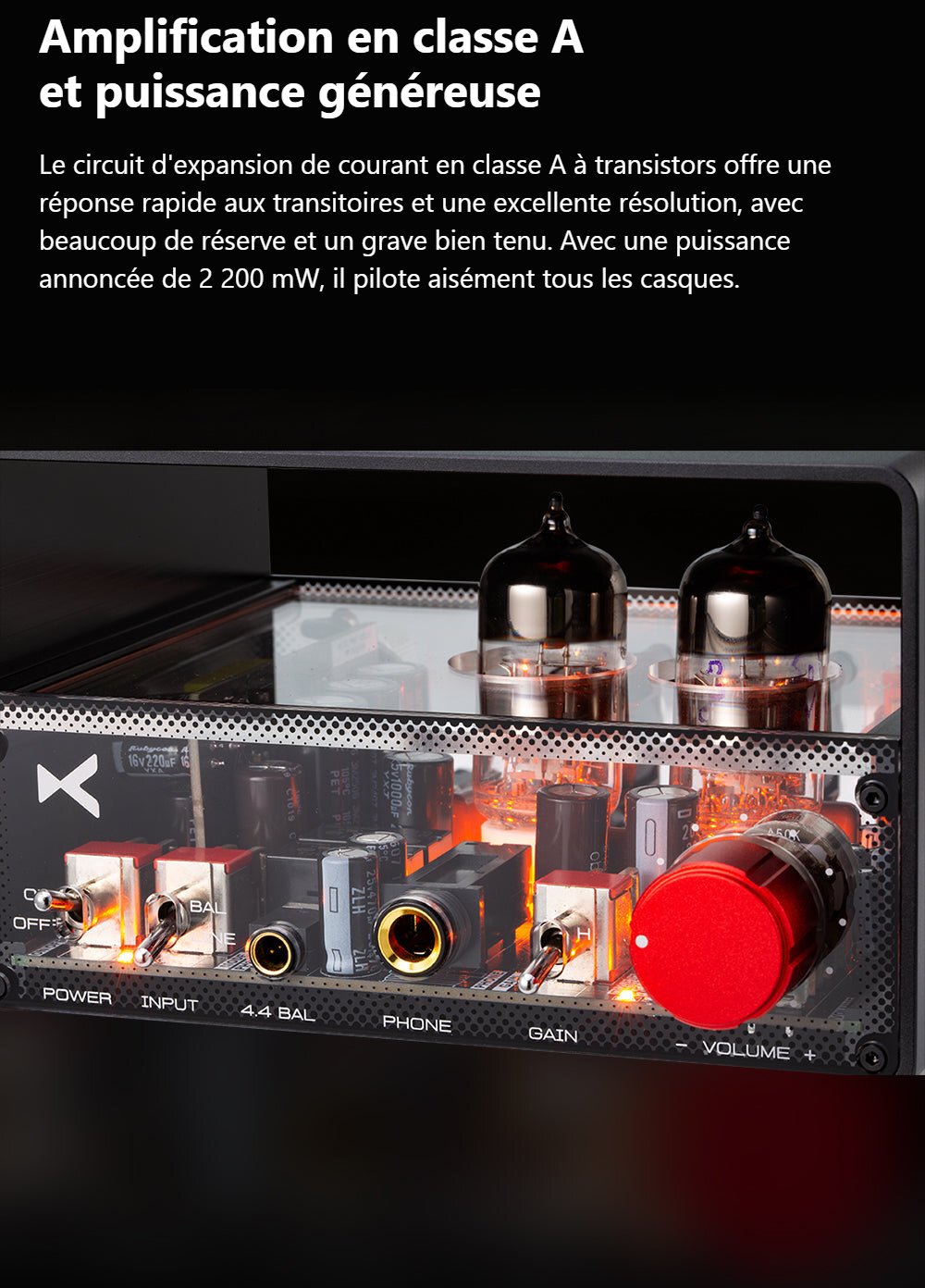 Visuel xDuoo traduit en français : façade du MT-04 avec tubes 6H3, sorties 4,4 mm et 6,35 mm, sélecteurs d’entrée et de gain, bouton de volume, et texte sur la classe A et les 2 200 mW