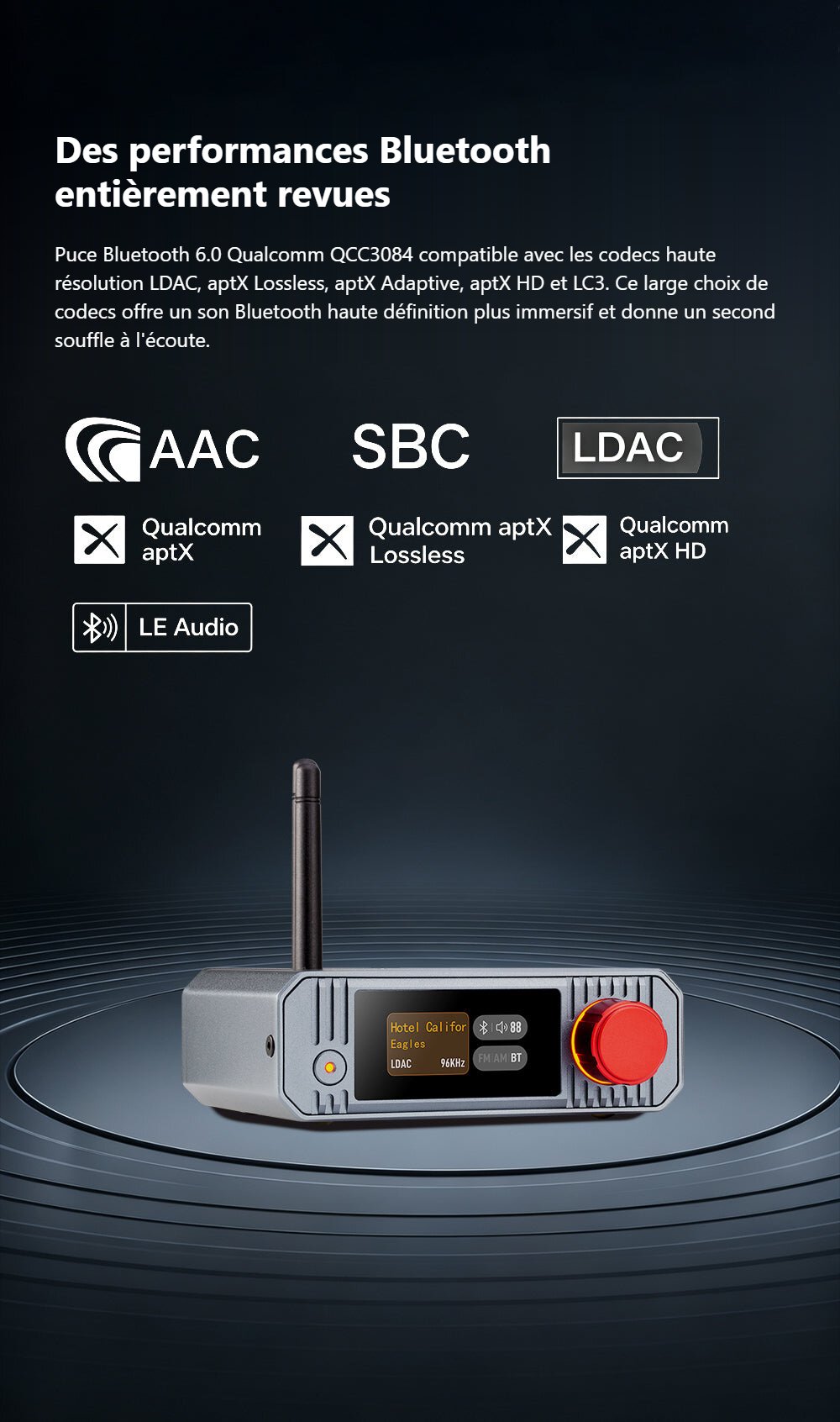 Visuel xDuoo traduit en français : puce Bluetooth 6.0 Qualcomm QCC3084 du XQ-60 et logos des codecs AAC, SBC, LDAC, aptX, aptX Lossless, aptX HD et LE Audio